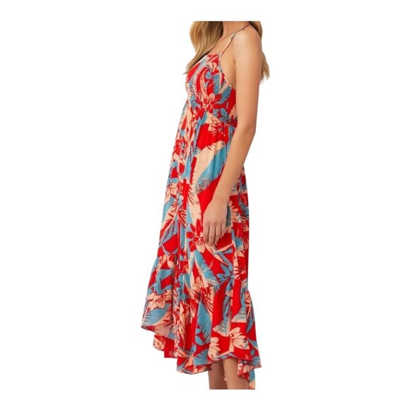 FREE PEOPLE Red & Blue Floral Halter Midi Dress Smocked Bodice  Asymmetrical Hem - Picture 5 of 10
